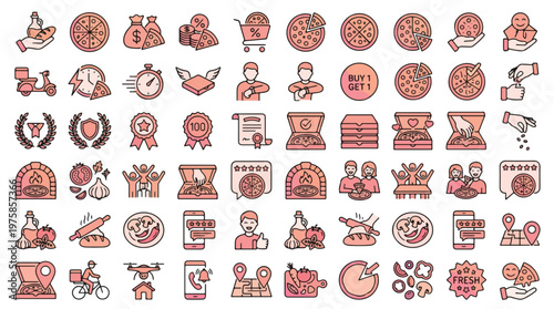 Pizza Restaurant and Delivery Icon Set in Linear Gradient Style. A collection of icons including toppings, oven, order, menu, payment, tracking, catering, slice, dough, chef