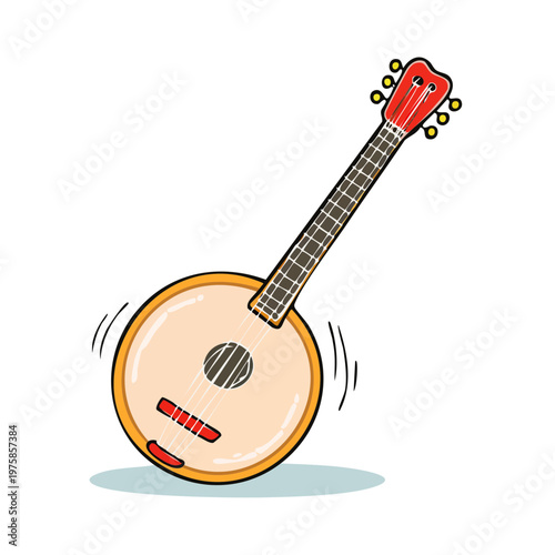 Cartoon banjo musical instrument with vibrant red headstock and six tuning pegs