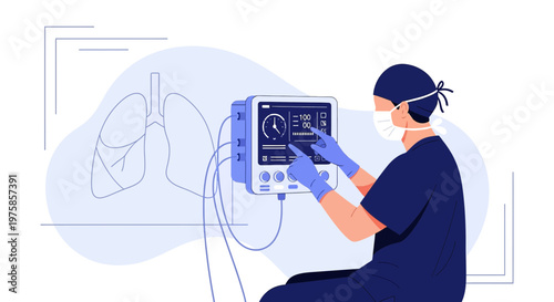 Doctor Adjusting Ventilator Machine for Patient Breathing Support in Hospital