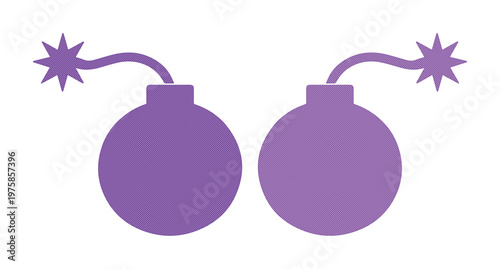 Purple bomb vector icons with burning fuses, minimalist explosive weapon silhouettes, flat cartoon style bomb symbols for gaming and web design