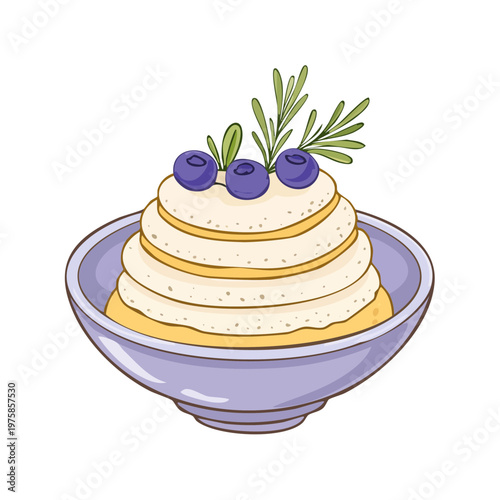 Whimsical illustration of stacked pancakes topped with creamy frosting, fresh blueberries, and a sprig of rosemary in a lavender bowl