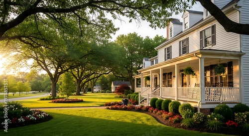 Classic white farmhouse with wrap around porch surrounded by lush green trees and golden hour sunlight glow