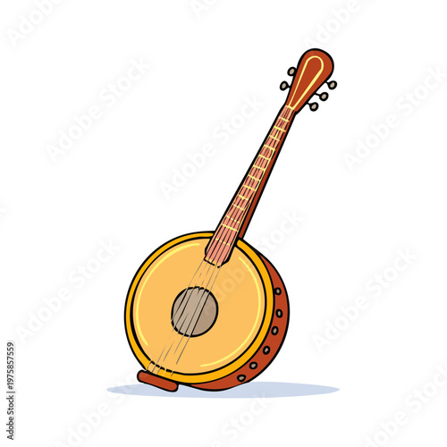 Illustration of a traditional stringed musical instrument featuring a round body and neck