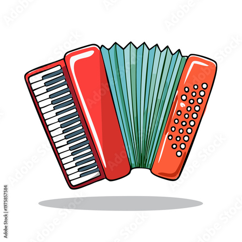 Red accordion musical instrument with bellows and keys