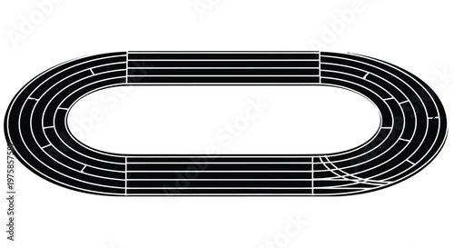 Overhead view of a black running track with multiple lanes and rounded corners