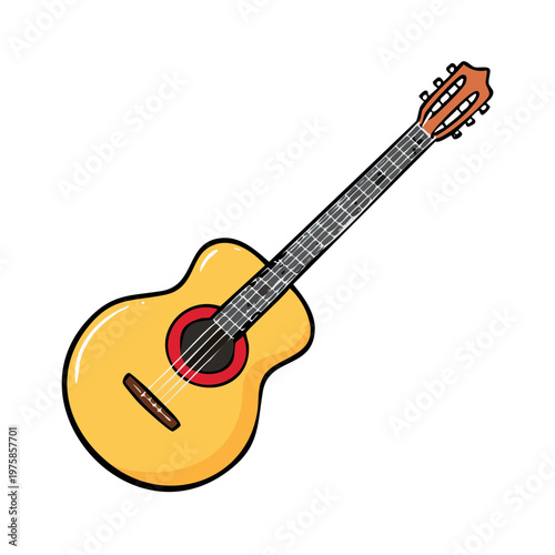 Acoustic guitar with six strings and a warm yellow body and red sound hole detail