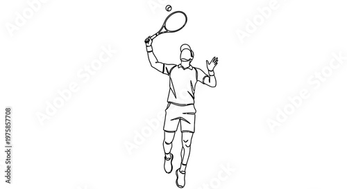 Line drawing of a tennis player preparing to serve with a ball in the air