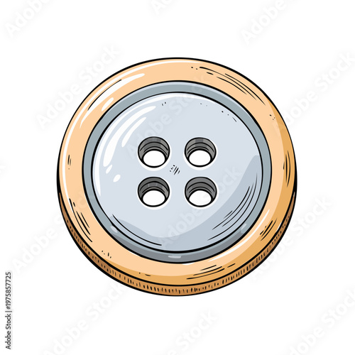 Cartoon illustration of a sewing button with four holes and a wood grain edge
