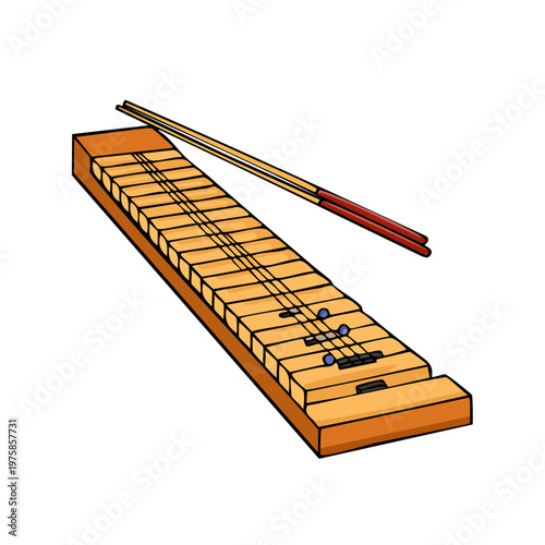 Asian String Musical Instrument with Wooden Strikers on White Background Illustration