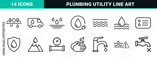 Minimalist water and plumbing outline icons set for environmental and utility design.
