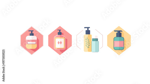 Four stylized bottles of beauty products, placed on different geometric shape backgrounds