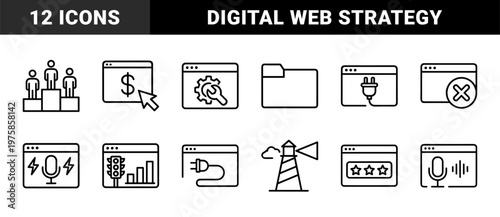 SEO and digital marketing outline icon set for web development