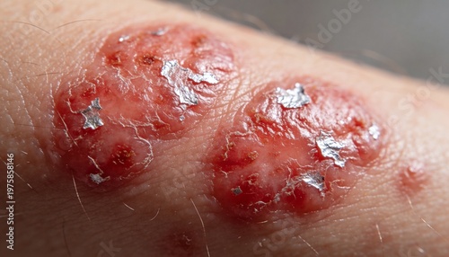 A close-up view of a skin lesion with red, inflamed, and peeling skin
