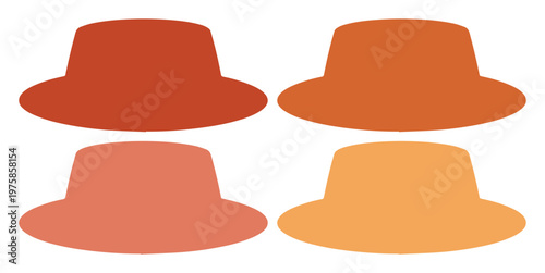 Minimalist boater hat vector set, flat fashion headwear icons in warm autumn colors, collection of 4 stylish felt or straw sun hats for apparel design
