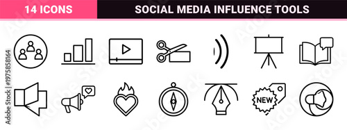 Digital content creator and social media influencer line icon set