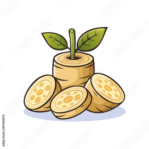 Root vegetable with leaves and cut slices, isolated on white background illustration