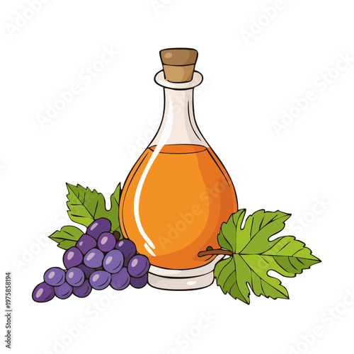 Gourmet Grape Vinegar in a Glass Bottle with Fresh Grapes and Leaves
