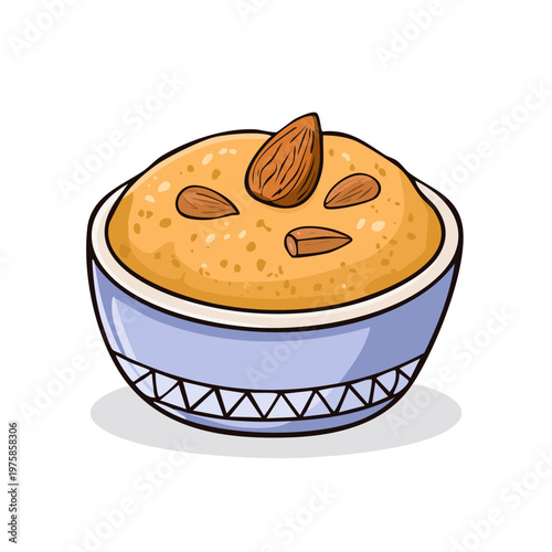 Illustration of a bowl of Indian sweet semolina pudding with almonds
