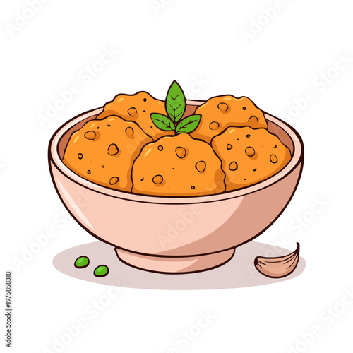 Delicious bowl of savory food with fresh herbs and peas illustration