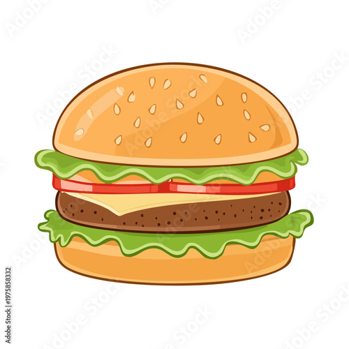 Cartoon Hamburger with Lettuce Tomato Cheese and Sesame Seed Bun