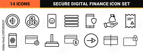 Digital payment and online banking line icons set