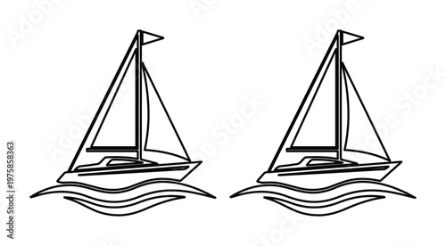 Minimalist sailboat line art vector, elegant sailing boat icons on ocean waves, black and white nautical vessel illustrations for marine branding