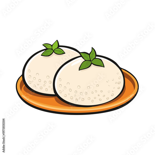 Freshly Steamed Idli Cakes Garnished with Green Mint Leaves on a Plate