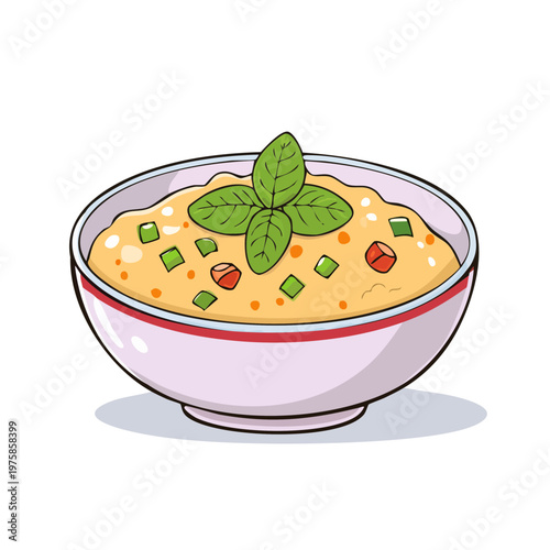 A close up cartoon illustration of a bowl filled with hearty soup topped with fresh green basil leaves and diced vegetables