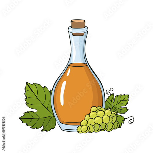 Clear glass bottle of amber liquid with cork stopper, surrounded by green grape leaves and cluster