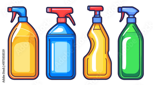 Four stylized, colorful spray bottles with different shapes, intended for cleaning or dispensing