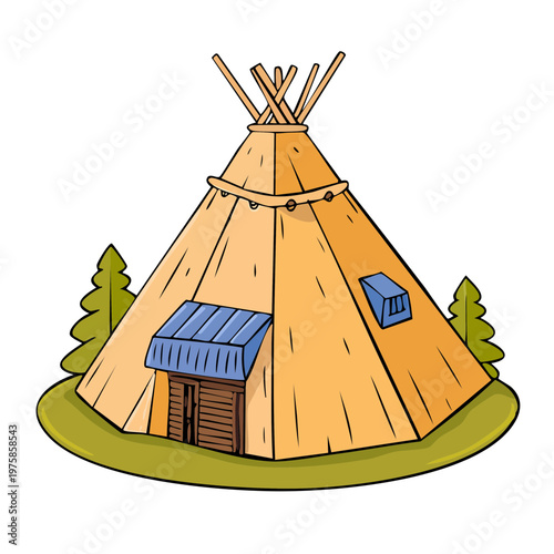 Traditional Native American teepee dwelling nestled amongst pine trees on grassy field