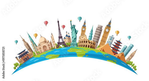 Global travel concept with famous world landmarks on a curved Earth, featuring hot air balloons in a bright, illustrative style.
