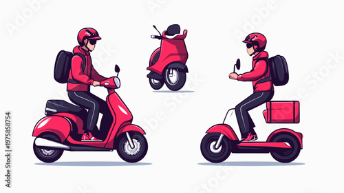 Illustration of a delivery person on different scooters, showcasing a side and front view