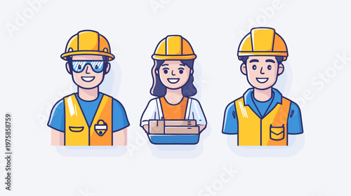 Illustration of three construction workers with hard hats, safety vests, and smiles