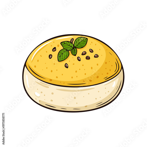 Delicious yellow dessert with mint garnish and chocolate chips in a bowl, cartoon style illustration.