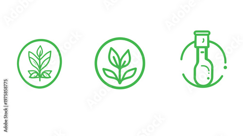 Three simple green line illustrations plants in circles and a lab flask
