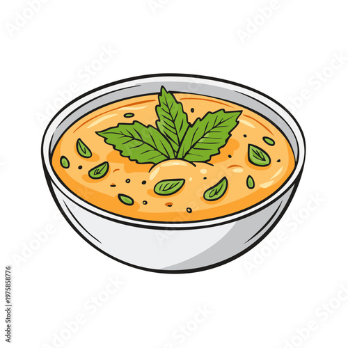 Flavorful Creamy Vegetable Soup Garnished with Fresh Green Mint Leaves in a White Bowl