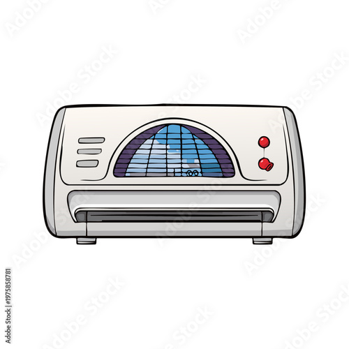 Retro modern office laminator machine with arched window and red buttons isolated illustration