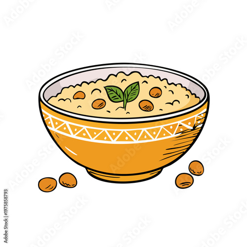 Hand Drawn Bowl of Porridge with Grains and Leaf Garnish