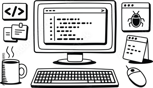 Hand-drawn doodle of a computer workstation featuring a monitor with code, a keyboard, a mouse, a coffee mug, sticky notes, and software windows with a bug and programming symbols