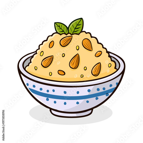 Delicious Cartoon Bowl of Porridge with Almonds and Mint Leaves