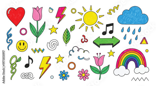 Set of colorful handdrawn doodle elements including hearts, flowers, sun, clouds, and musical notes