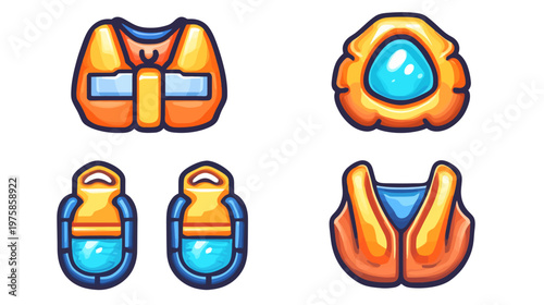 Collection of stylized, colorful cartoon illustrations of safety flotation devices