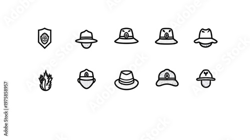 Stylized black and white illustrations of hats, a shield, and a leaf-like symbol. Clear background