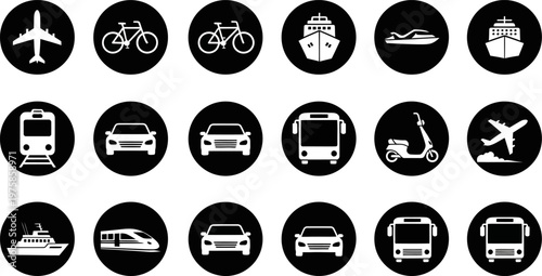 Comprehensive collection of various transportation mode icons, featuring white silhouettes within distinct black circular backgrounds.