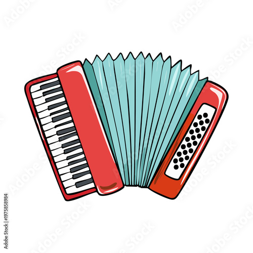 Red accordion with blue bellows and white piano keys and buttons musical instrument illustration