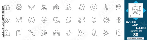 Sickness line icon set featuring illness, symptom, disease, fever, cough, medical, and patient. Professional editable vector illustration.
