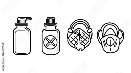 Line art icons of sanitization and protection equipment bottle, mask, respirator. Simple monochrome outline