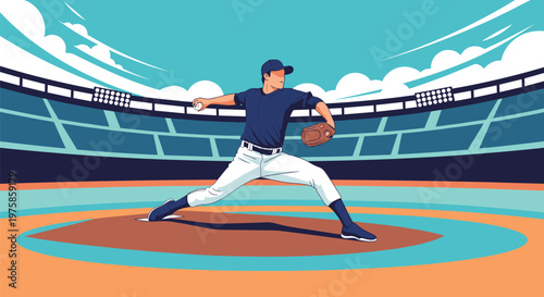 Professional baseball pitcher throwing a ball on the mound during a game in a large brightly lit stadium at daytime.