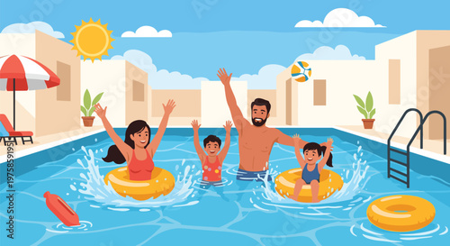 Happy diverse family enjoying a sunny day together playing with inflatable rings in a blue outdoor swimming pool.